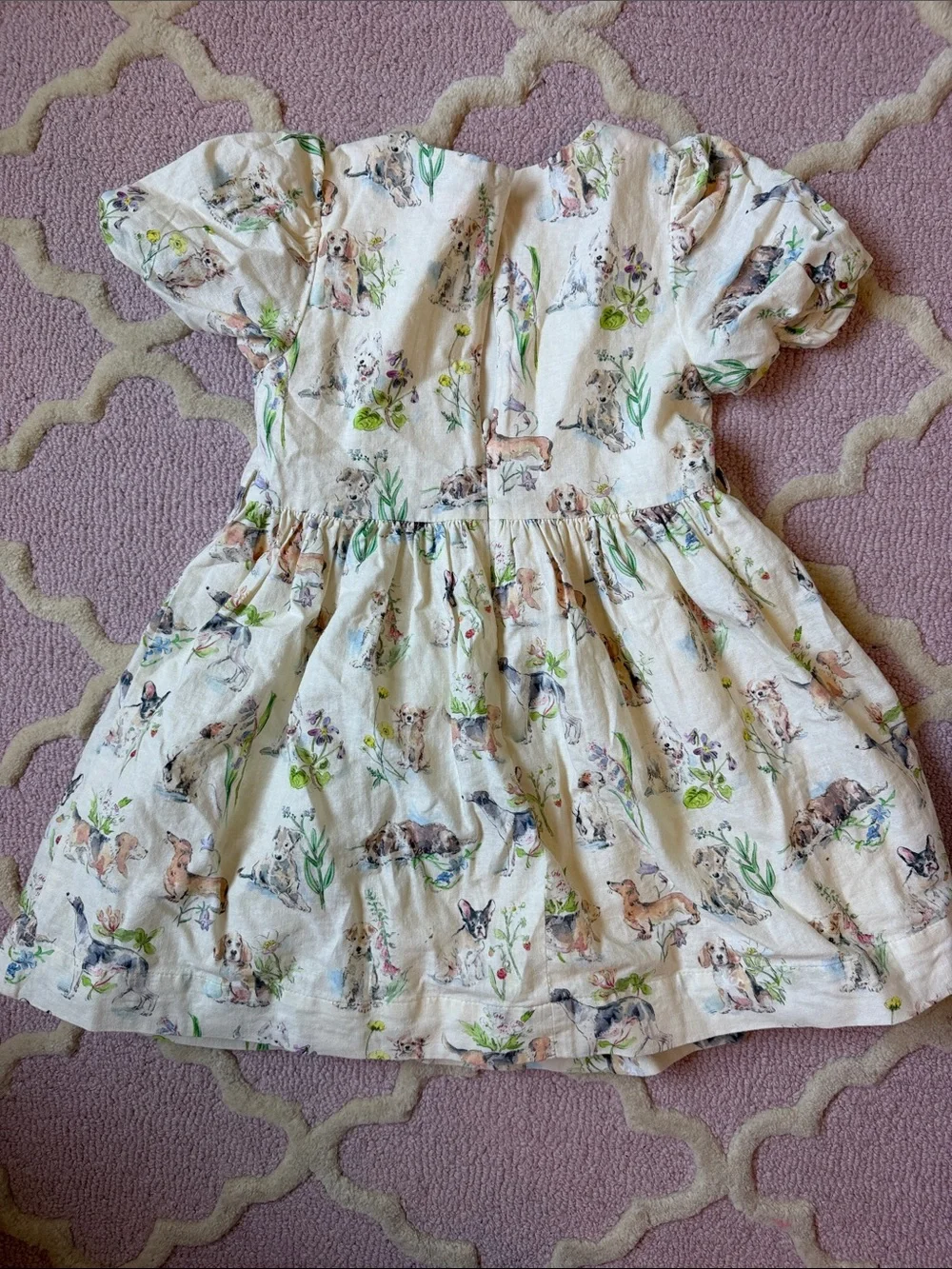 Boden Cream Dress with Puppy & Floral Print